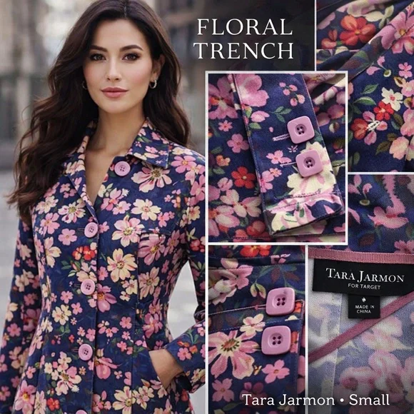 Tara Jarmon for Target Floral Trench Jacket (S) Pink Navy Cotton Statement Coat - Picture 15 of 15